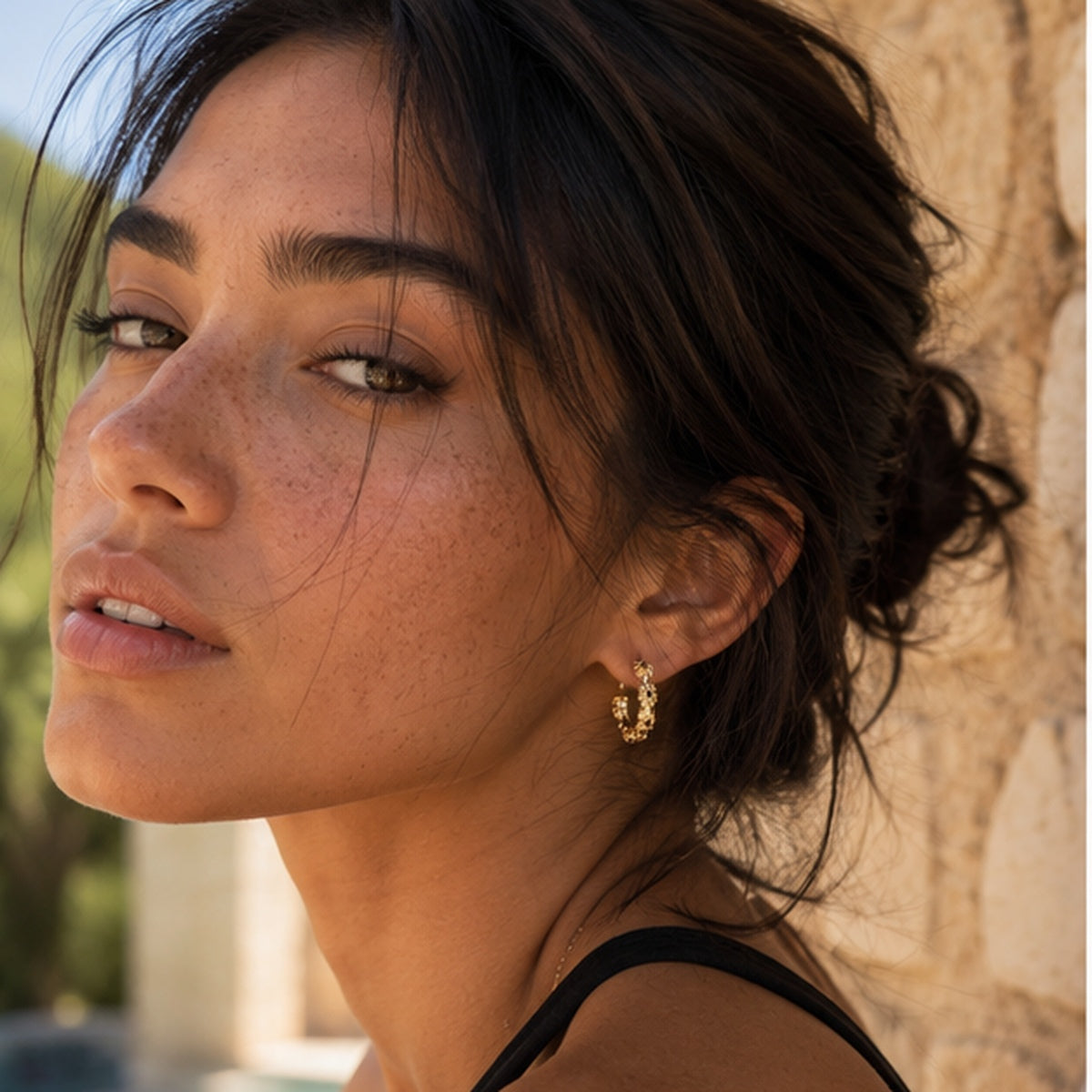 Gold-Tone Black Floral Hoop Earrings | Pimosfer