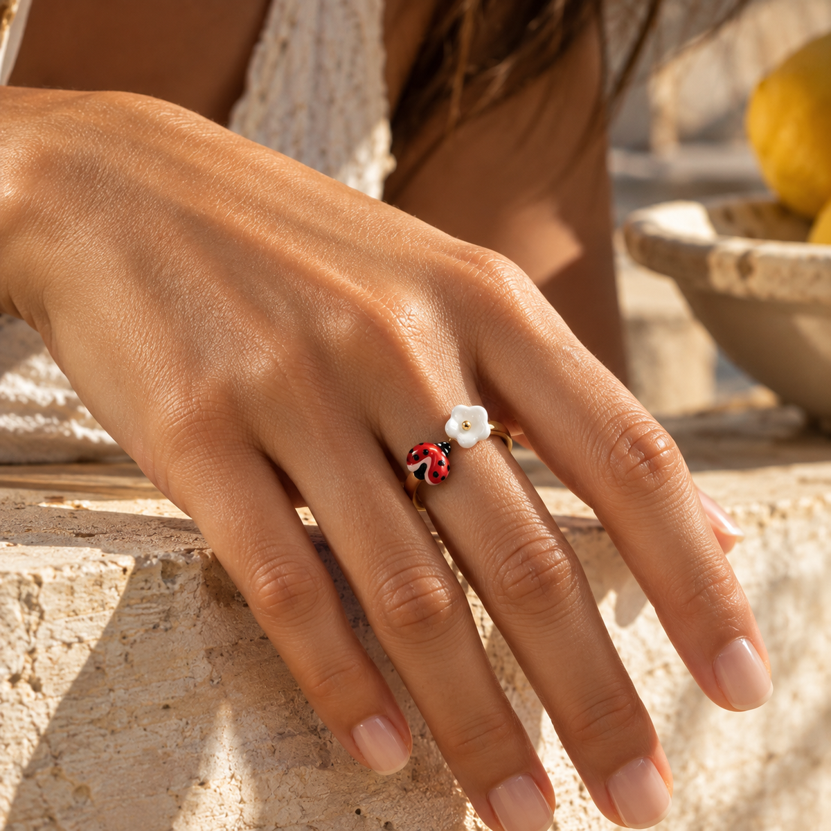 Gold-Tone Ladybug Enamel Open Ring