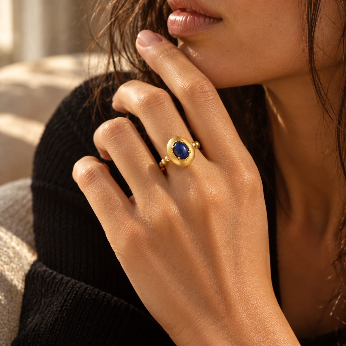 Gold-Tone Blue Stone Brushed Open Ring | Pimosfer - image 2