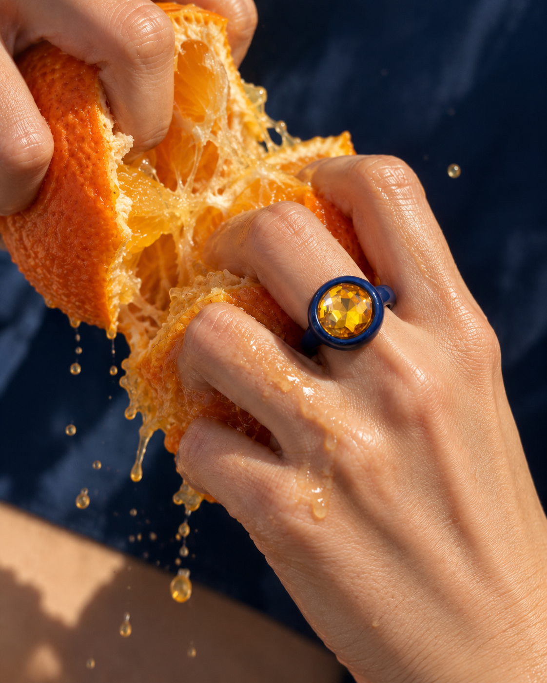 Navy Enamel Yellow Crystal Statement Ring | Pimosfer - image 2