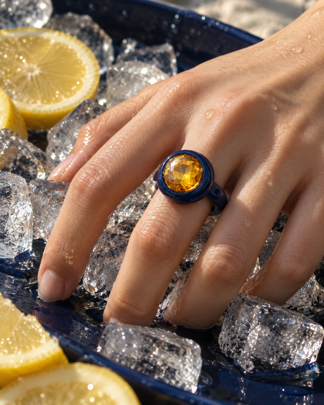 Navy Enamel Yellow Crystal Statement Ring | Pimosfer - image 3