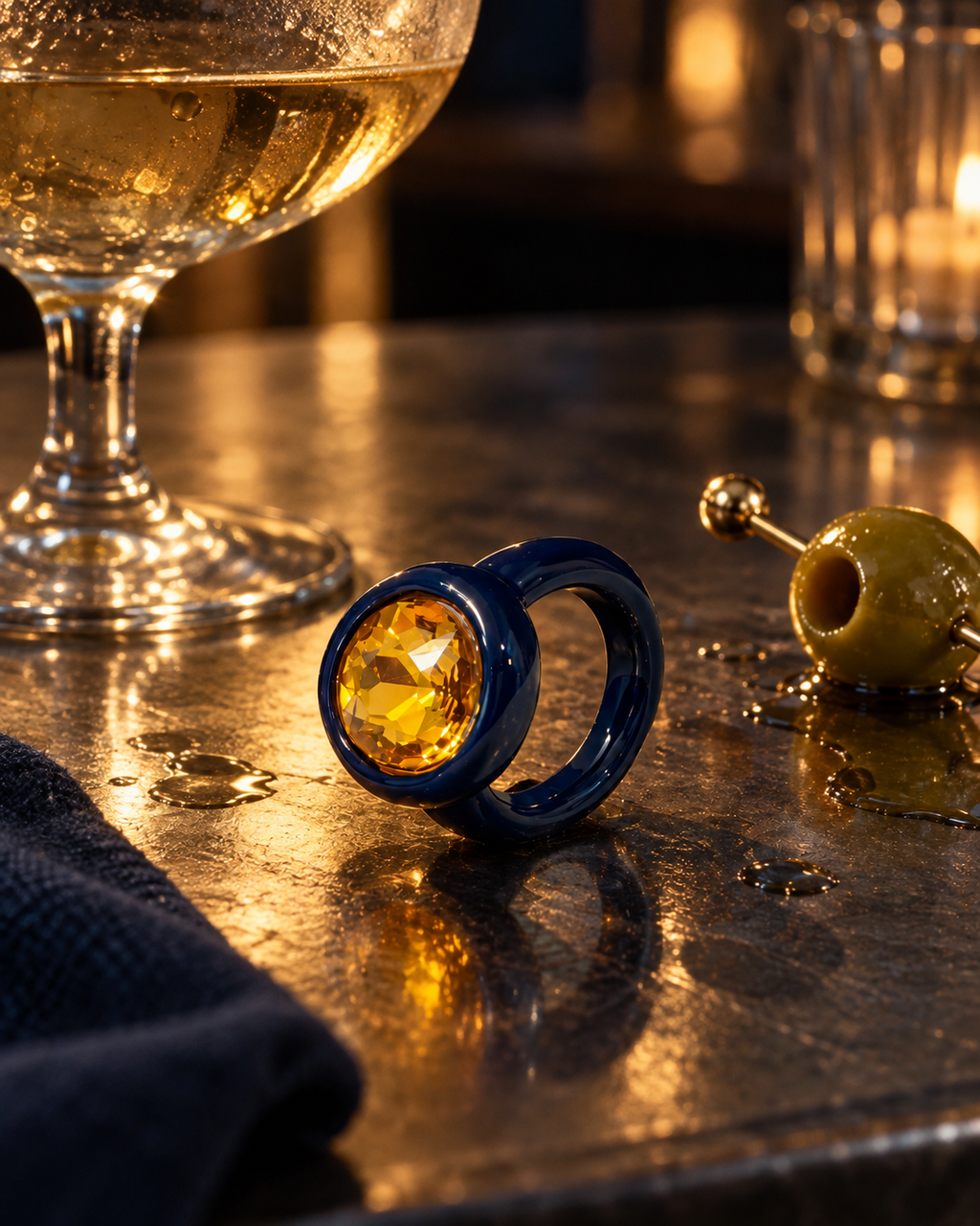 Navy Enamel Yellow Crystal Statement Ring | Pimosfer - image 4