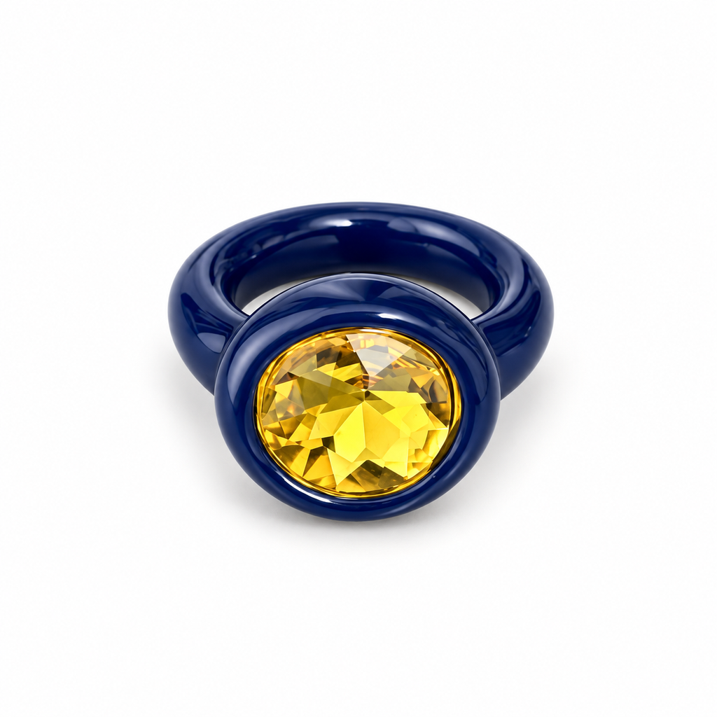 Navy Enamel Yellow Crystal Statement Ring | Pimosfer - image 1