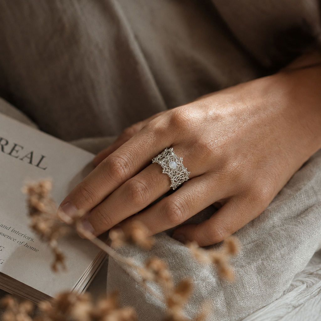 Silver-Tone Ornate White Bead Statement Ring | Pimosfer